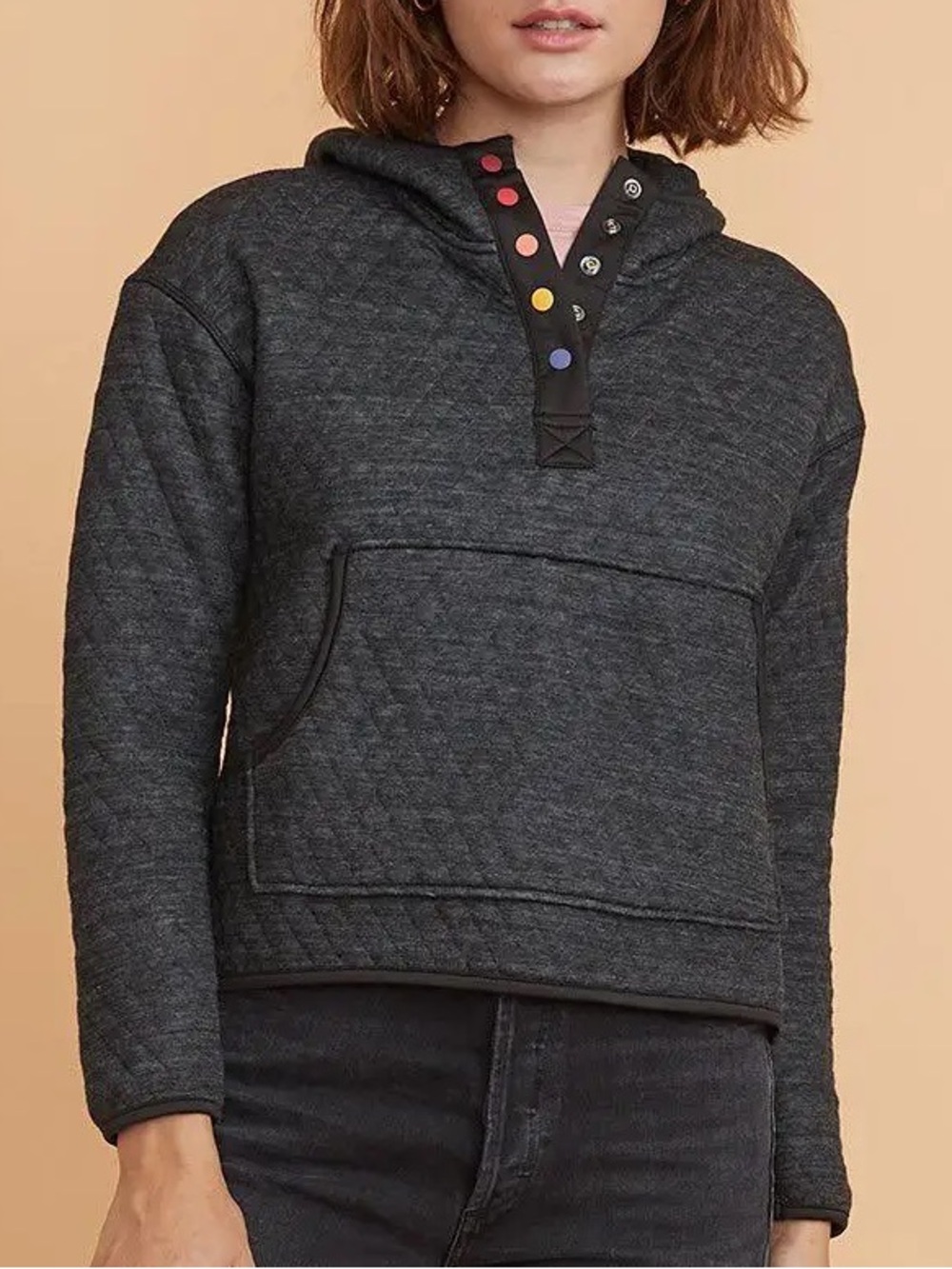 Marine Layer Quilted Hoodie Pullover Small Charcoal Rainbow Snap Small